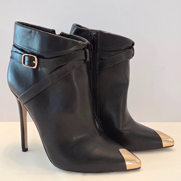 ShoeDazzle Tallulah Bootie – Black with Gold Accents (Pre-Loved, Women's Size 7) - Picture 1 of 5